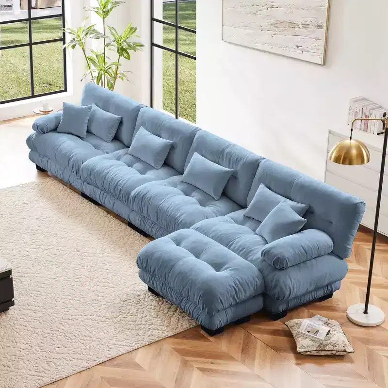 4 Seater L Shaped Couch for Living Room Comfy Cloud Couch with Convertible Ottoman Chenille Light coffee