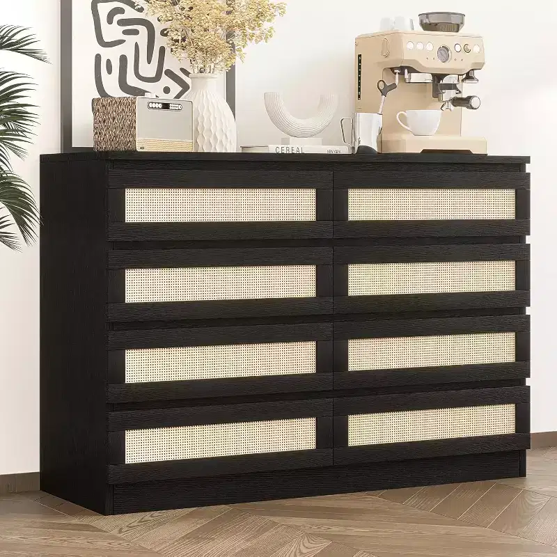 8-Drawer Rattan Double Dresser – Wood Chest for Bedroom or TV Stand