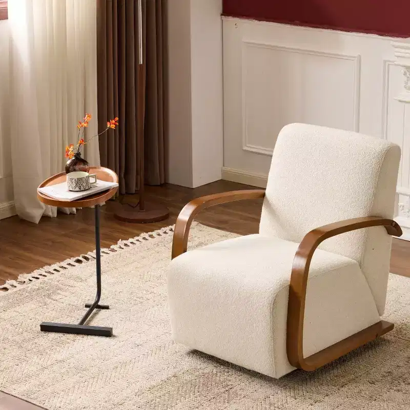 360 Swivel Accent Chair with Solid Wood Curved Arms, Mid-Century Modern Upholstered Side Chair for Living Room or Reading Nook