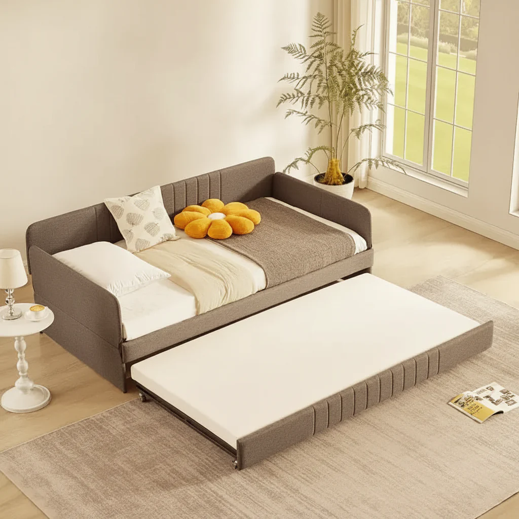 Twin Size Daybed with Trundle, Upholstered Sofa Bed Frame with Metal Slats, Platform Bed Frame, Single Daybed for Bedroom Living Room Guest Room