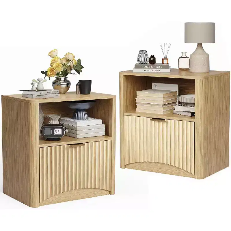 Mid Century Modern Nightstand,Set of 2, 22.8 Wide Fluted Nightstand with Drawer and Storage, Fluted Nightstand for Bedroom Sofa Office