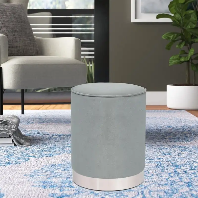 Adeco Vanity Upholstered Round Velvet Ottoman Footstool Silver Trim