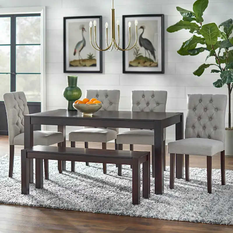 Grey/Blue 6-Piece Dining Set – Table, 4 Chairs & Bench