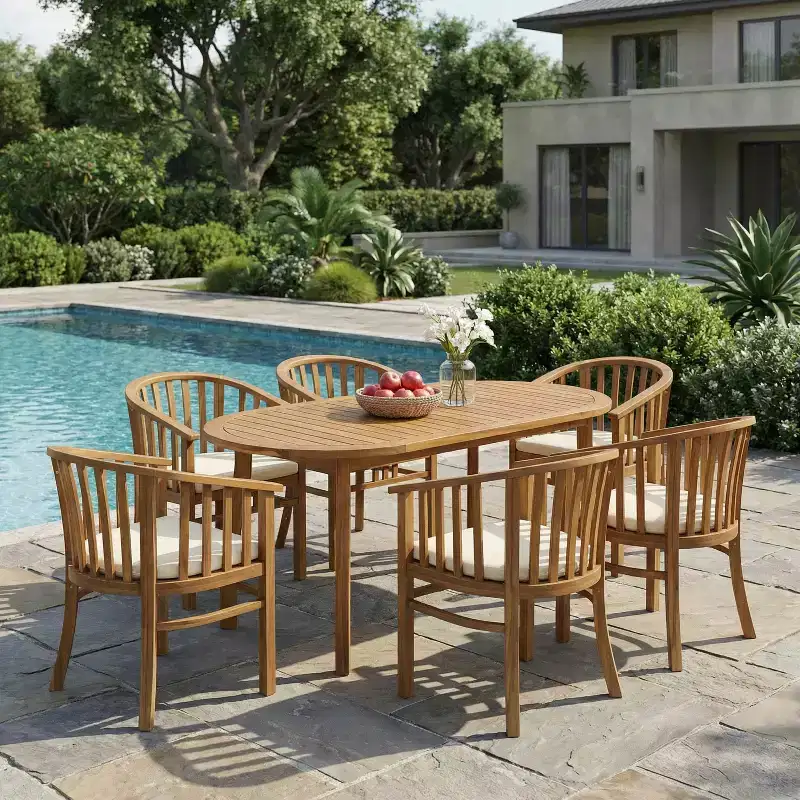 Christopher Knight Home Alain Modern 7 Piece Patio Acacia Dining Set with Oval Slatted Table and Cushions