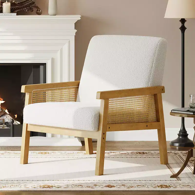 Upholstered Rattan Accent Chair, High Back Armchair with Wooden Frame, Reading Leisure Chair for Home & Waiting Room