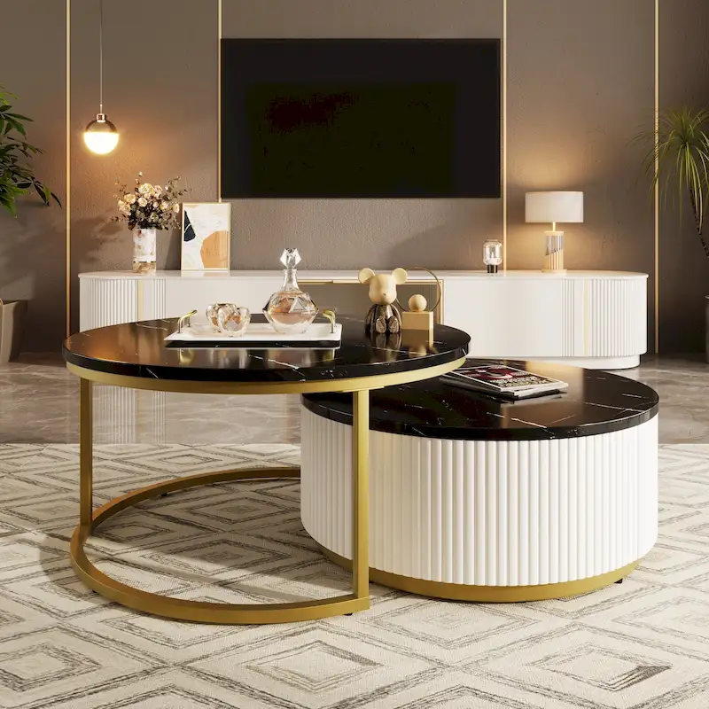 Modern Round Nesting Coffee Table with Drawer and Gold Base for Living Room