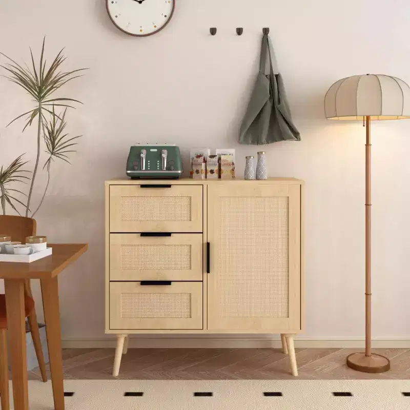 3 Drawer Dresser Rattan Wood Sideboard Storage Cabinet