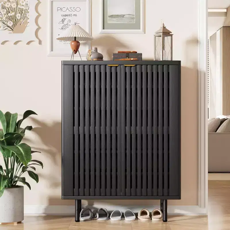 COZONY Narrow Shoe Cabinet with Breathable Louver Doors, 6 Tier Modern Hidden Shoe Rack, Freestanding Entryway Cabinet for Closet & Hallway, Black