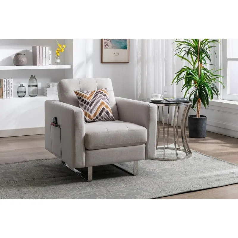 Linen Fabric Armchair with Metal Legs, Side Pockets, and Pillow