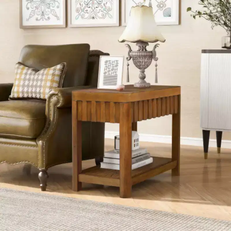 Rectangular Farmhouse End Table with Storage Shelf, Sofa Side Table with Solid Wood Legs for Living Room, Bedroom, Office, Walnut