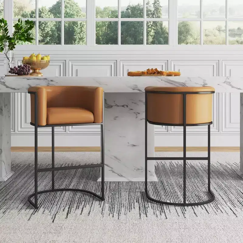Mid-Century Modern Upholstered Metal Barstool Faux Leather 29.5