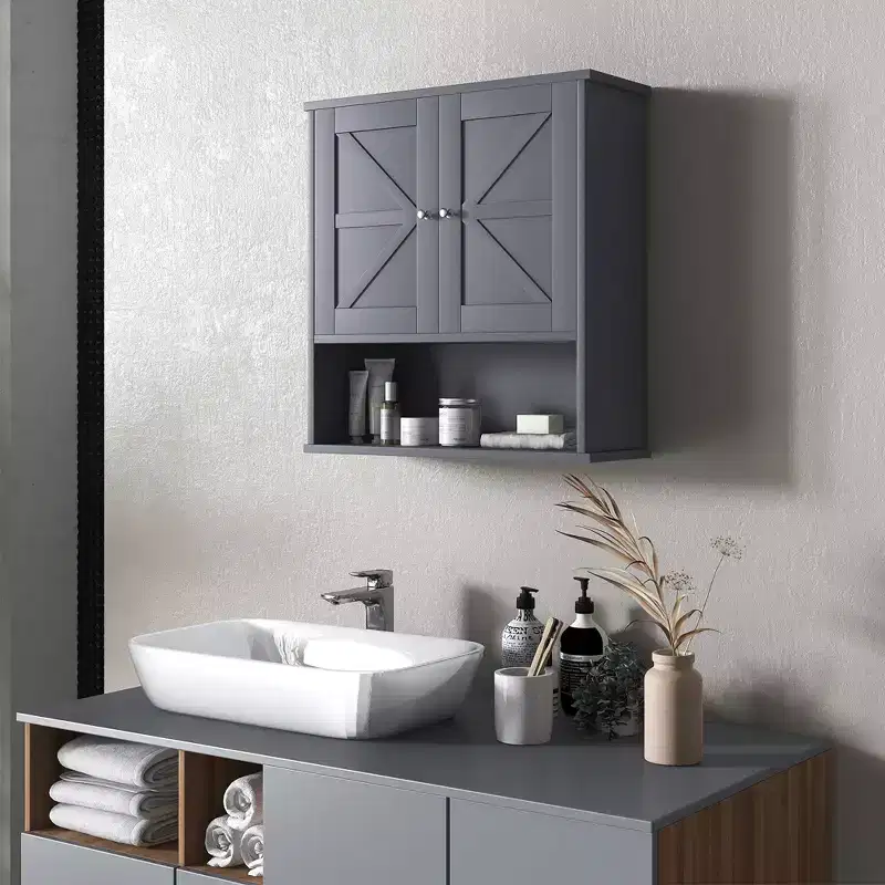 Farmhouse Bathroom Medicine Cabinet, Wall Cabinet with Barn Doors and Adjustable Shelf for Laundry Room