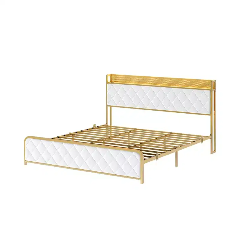 King Size Platform Bed Frame with Charging Station and LED Lights, King Bed Frame with Velvet Storage Headboard