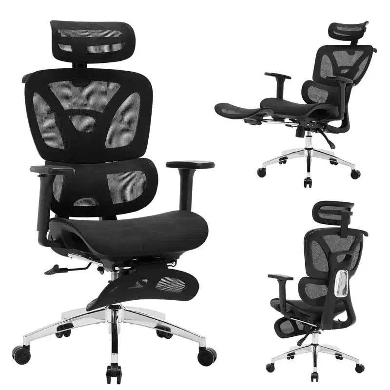Ergonomic High Back Mesh Reclining Office Chair with Footrest, Dynamic Lumbar Support - Swivel Task Chair for Home & Gaming, Black