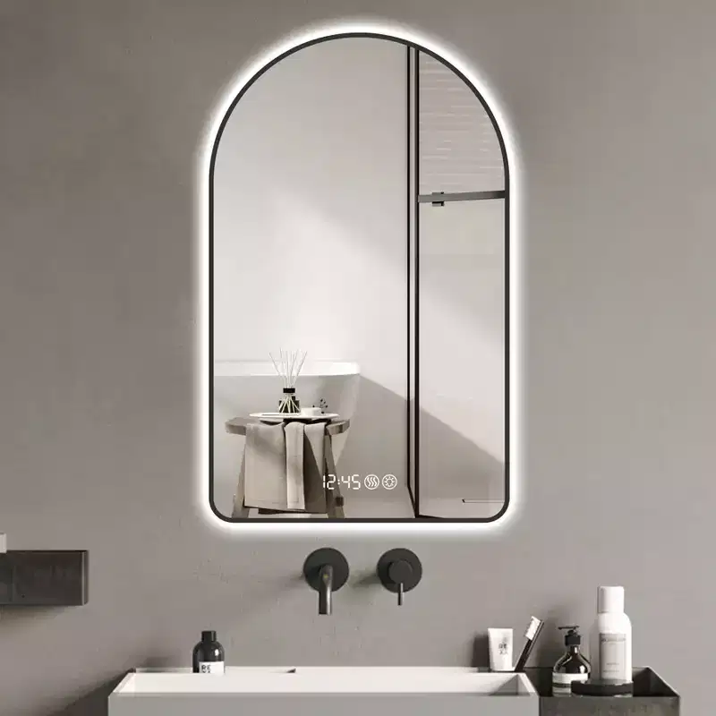 28 x 48 inch Multifunctional Arched LED Bathroom Vanity Mirrors with Three Color Temperatures for over Sink Black Frame