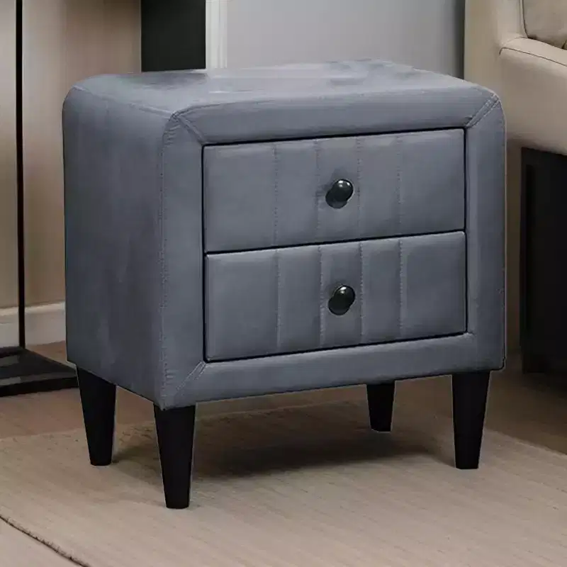 Nightstand, 2 Drawers, 22 Inch Upholstered in Dark Gray Velvet