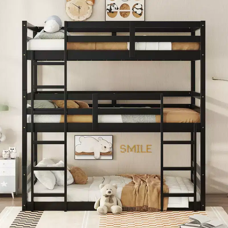 Bellemave Twin over Twin over Twin Bunk Bed with Two Built-in Ladders and Guardrails,Detachable Triple Twin Rubber Wood Bunk Bed