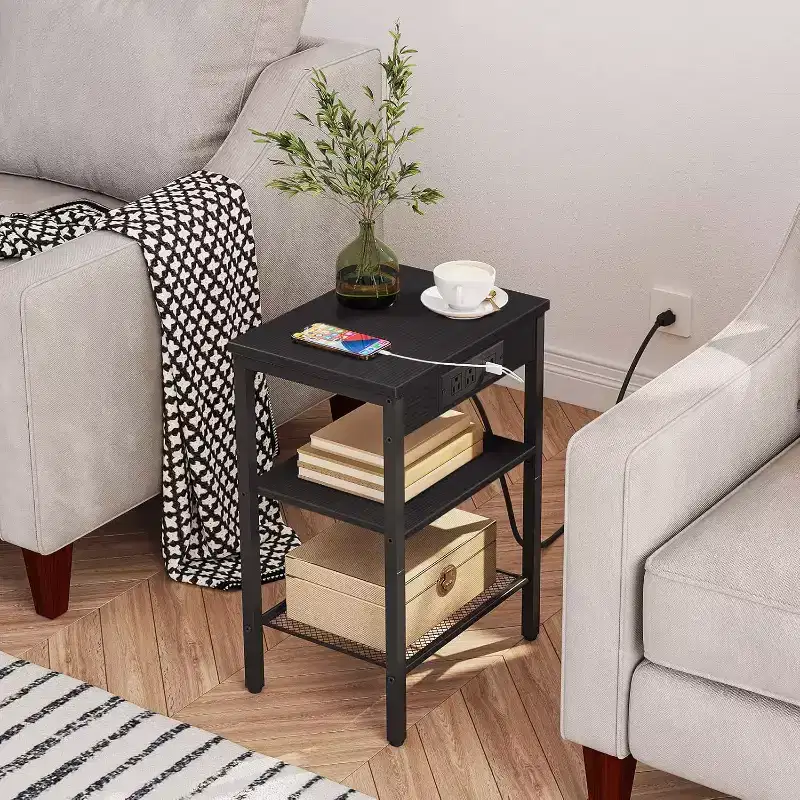 3-Tier Black Side Table with Charging Station – USB, Type-C & Adjustable Shelf