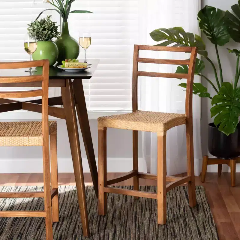 Wood and Rattan Counter Height Barstool Natural/Walnut Bohemian Style No Assembly Required
