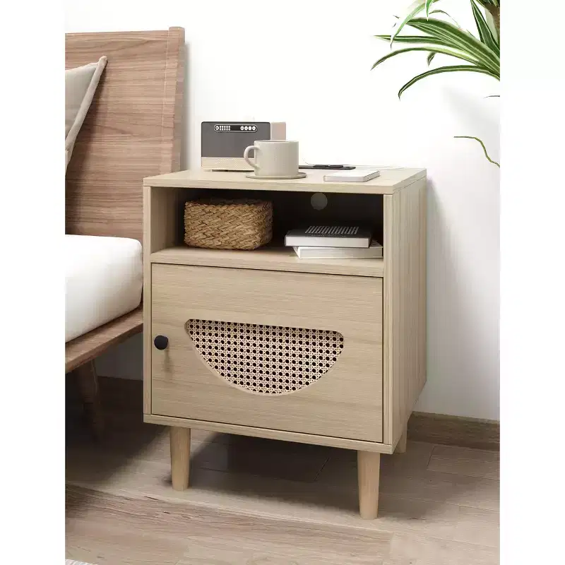 Rattan End Table with Rattan Decor Door, Charging Station Small End Table Shelf and Drawer Wooden Bedside Table, for Bedroom, Living Room