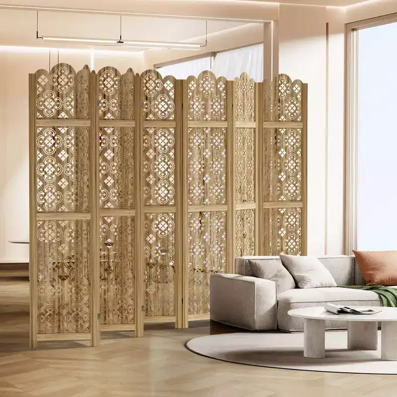 PexFix Carved Room Divider Folding Screen Room Divider with Copper Coin Pattern for Home Office Garden Terrace Paulownia Wood