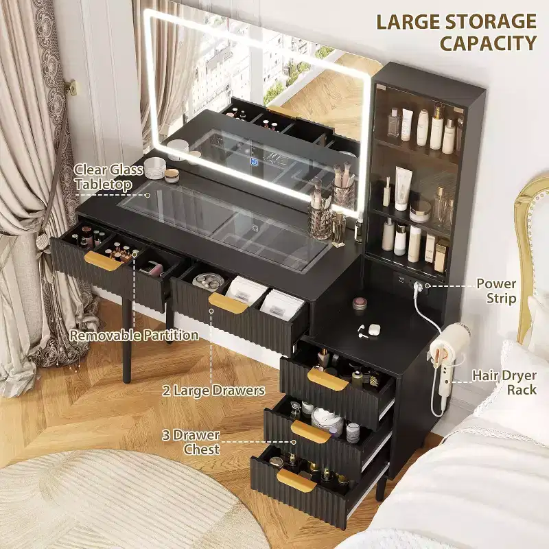GustoWave 5 Drawers Vanity Desk, Makeup Dressing Table with Built-in USB Outlet Charging Station