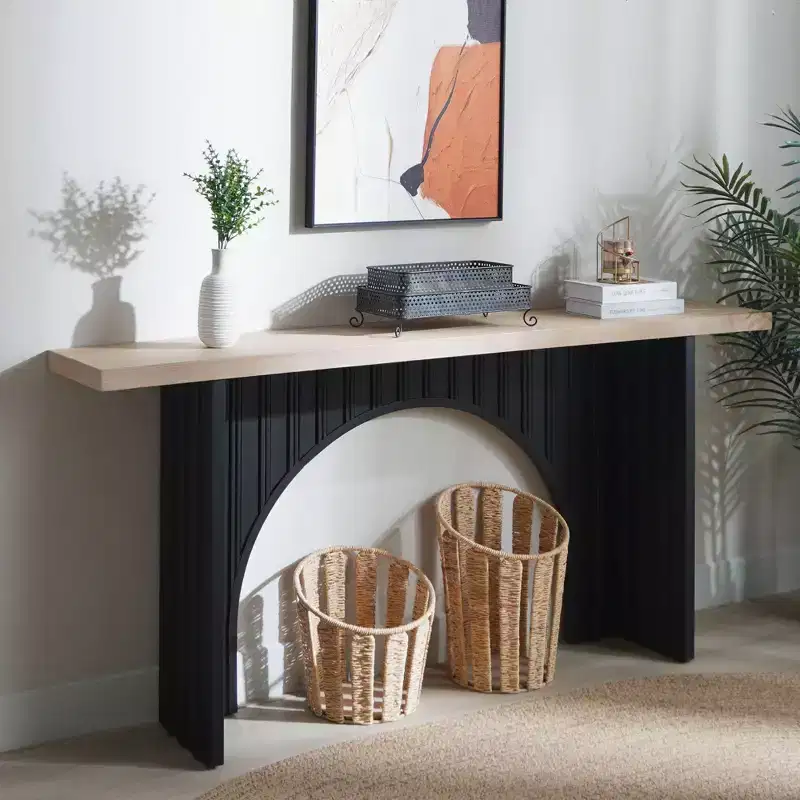 66IN Minimalist Console Table with Wooden Tabletop, Modern Entry Table with Arch Base, Accent Table for Entryway, Living Room, Black+Natural