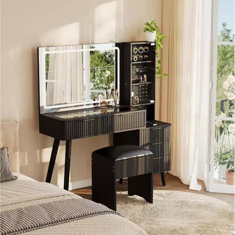 48 Fluted Makeup Vanity Desk with Large Mirror and Lights, Modern Makeup Vanity with Charging Station and Cushioned Storage Stool for Home