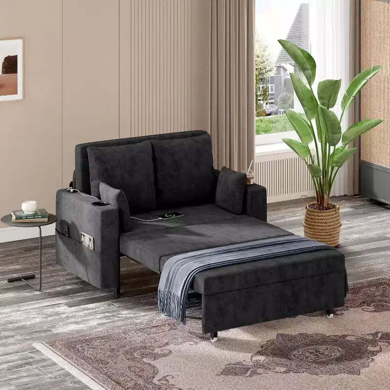 Convertible Sofa Bed,56 Inch Pull Out Couch,Loveseat Sleeper Sofa Bed with 4 Pillows,USB Charging, Cup Holder,Side Pockets for Living Room, Bedroom