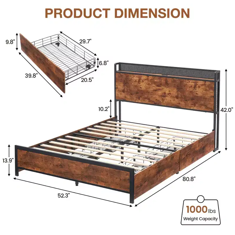 Queen Bed Frame, 4 Drawers and Storage Headboard, Metal Platform Bed, Easy Assembly, No Box Spring Needed
