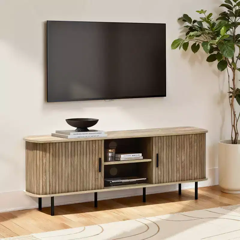 LuxenHome 55 Mid-Century Modern TV Stand with Sliding Door for TVs up to 60, Entertainment Center with Storage and Shelves, Brown