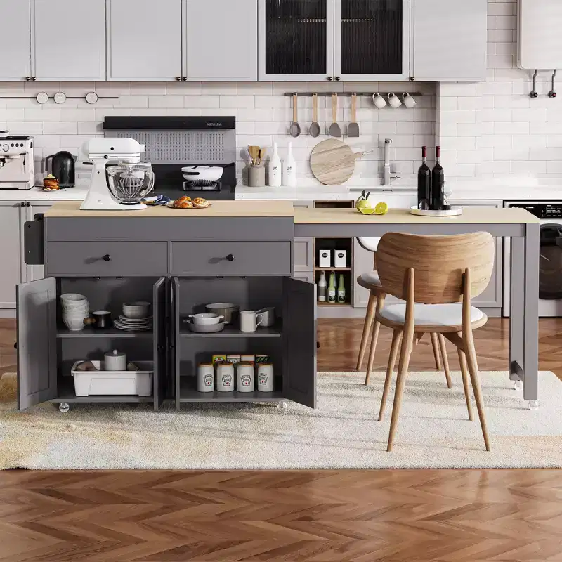 74.5'' Kitchen Island with Extendable Dining Table, Rolling Cart with 4 Cabinets, 2 Drawers, Spice Rack, Adjustable Shelves