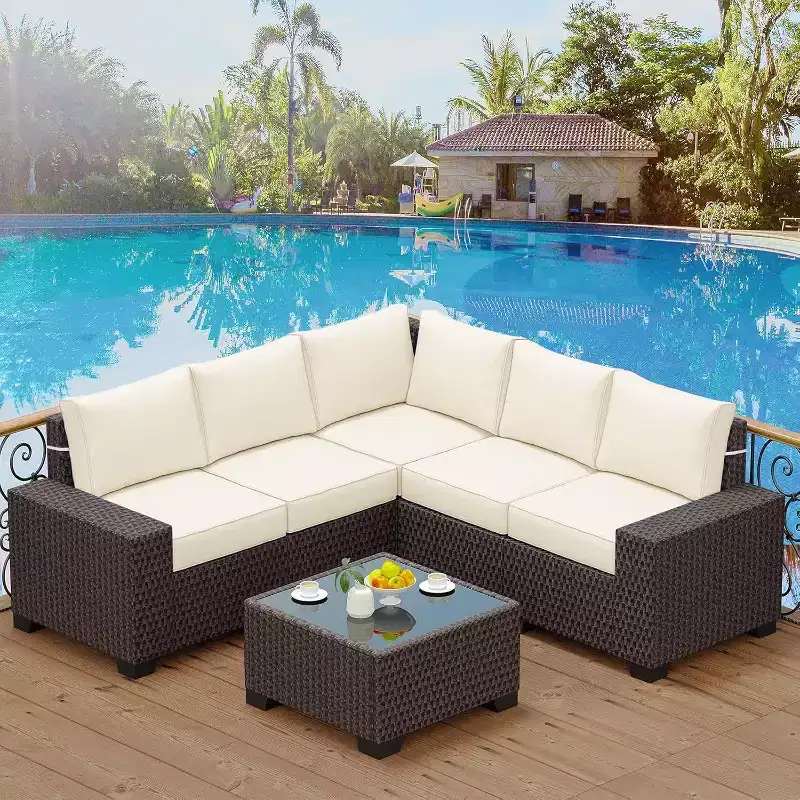 COZONY 6 Piece Outdoor Patio Set, All Weather Rattan Sectional Sofa Glass Table Cushions for Backyard Lawn