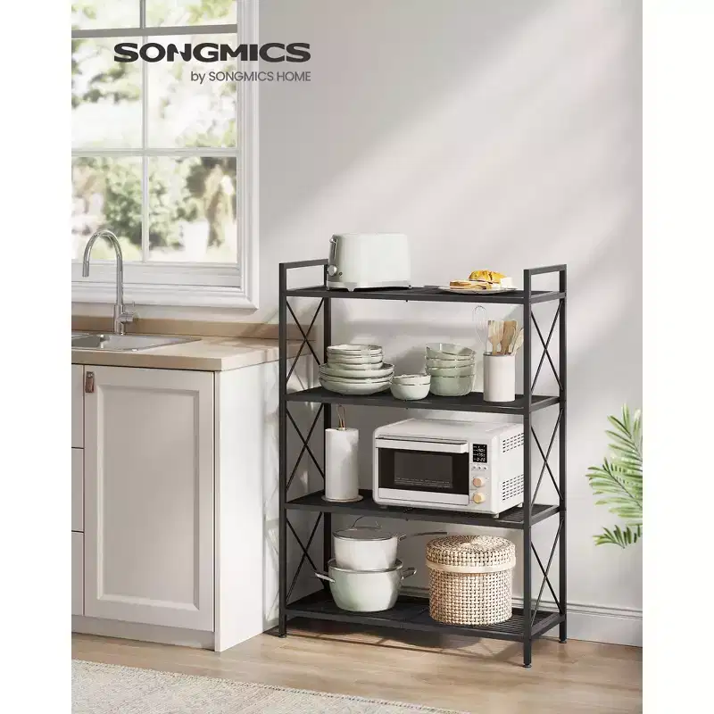 SONGMICS 4-Tier Metal Storage Rack, Shelving Unit with X Side Frames, Dense Mesh, 12.6 x 31.5 x 44.3 Inches, Industrial Style, Ink Black