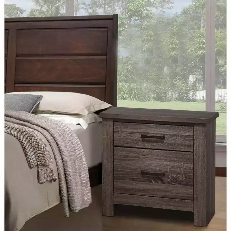 24 Inch Rustic Drawer Nightstand, Sleek Metal Bar Handles, Oak Gray