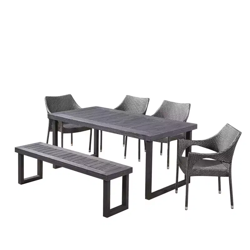 Christopher Knight Home Nelly 6 Piece Outdoor Acacia Wood Dining Set with Stackable Wicker Chairs and Bench
