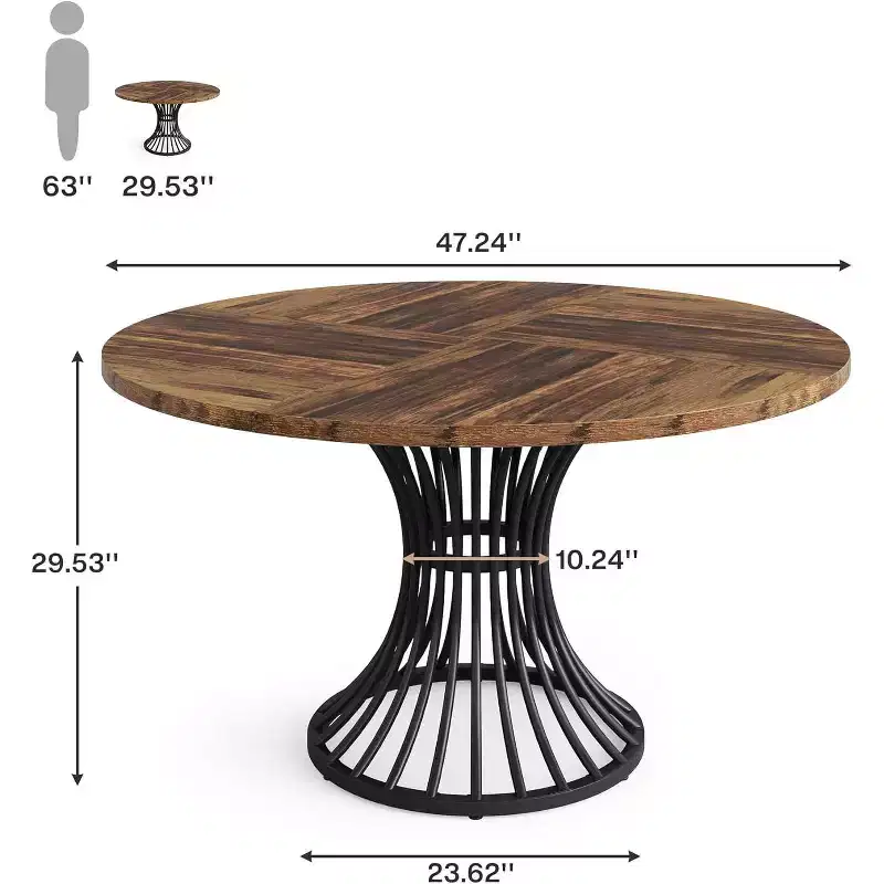 47-Inch Farmhouse Round Dining Table for 4-6 People with Industrial Metal Base, Black and Brown, Suits Kitchen & Living Room