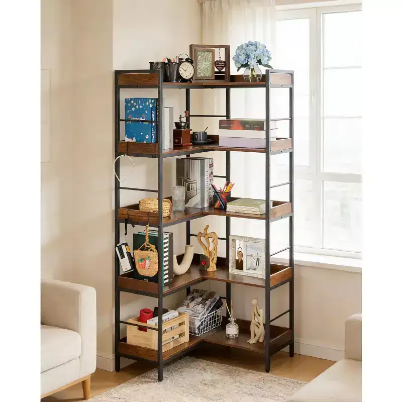 5-Tier L-Shape Corner Bookshelf  65 Industrial Wood & Metal Bookcase (Rustic Brown)  Reversible Storage for Living Room, Bedroom & Home Office
