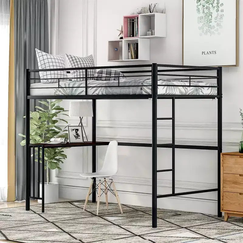 Twin Size Metal Loft Bed With Desk, Ladder And Railing - ModernLuxe
