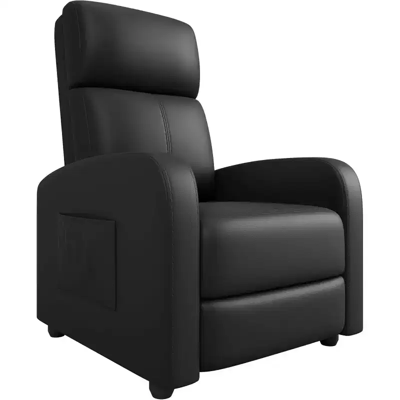 PU Leather Recliner Chair, Ergonomic Adjustable Single Sofa with Side Pocket, Tall Back, Wide Arms, Padded Seat