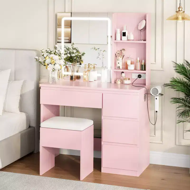 Vanity Desk with Mirror and LED Light, Modern Makeup Dressing Table, with 4 Drawers, Adjustable 3 Lighting Mode, for Bedroom