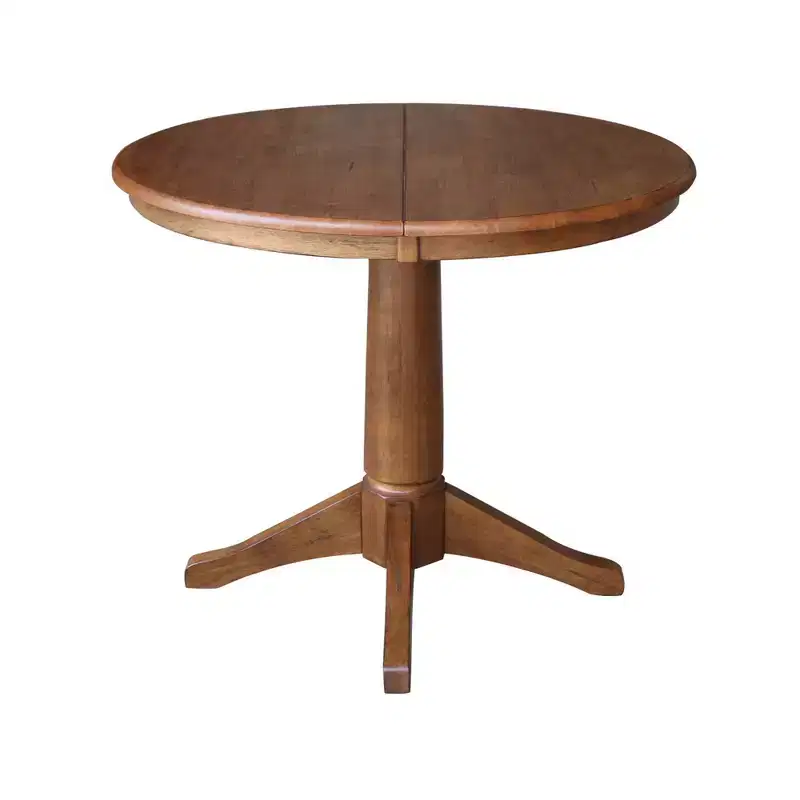 30.1" Lillian Round Top Pedestal Extendable Dining Table with 12" Drop Leaf Distressed Oak - International Concepts: Solid Wood, Mid-Century