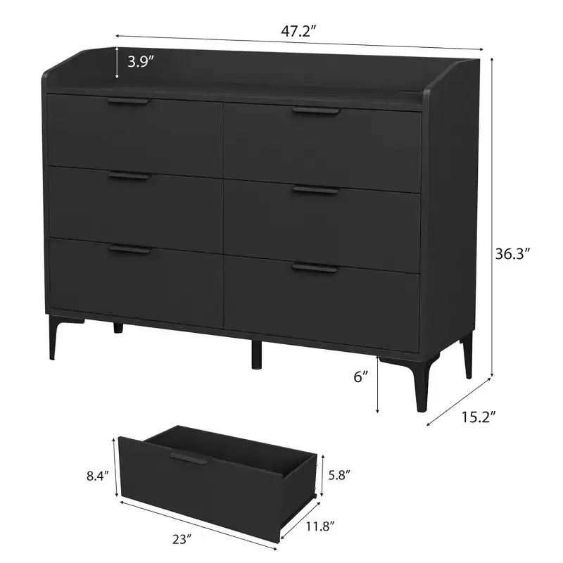 6 Dresser with Power Outlets, Freestanding 47.2 Wide Drawer Dresser, Wooden Closet Storage Chest for Bedroom, Living Room