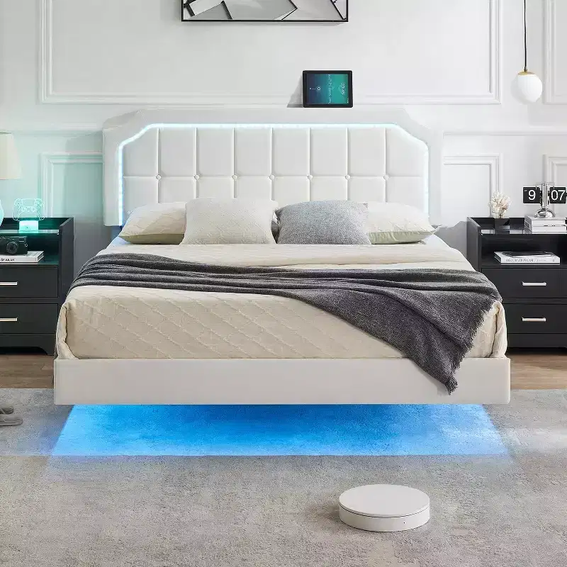 Floating Bed Frame Full Size with RGB Lights - Adjustable PU Headboard, Metal Platform & No Box Spring, White