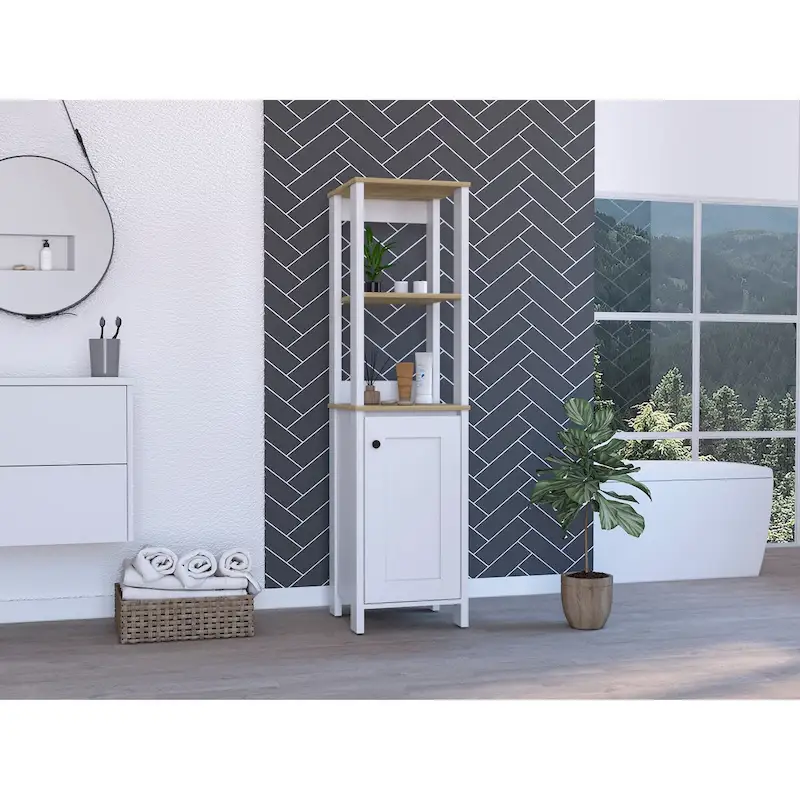 Linen Cabinet Jannes, Two Open Shelves, Single Door, Light Oak / White Finish