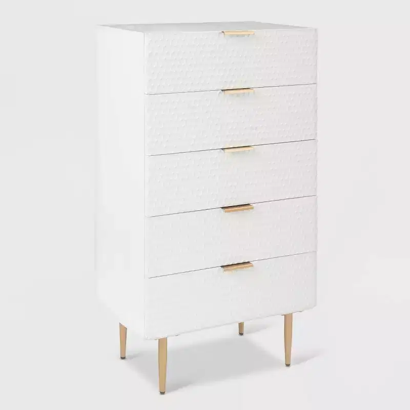 Jolie 5 Drawer Tallboy Dresser White - Adore Decor: Glam Style, MDF & Iron, Anti-Tip, Metal Glides