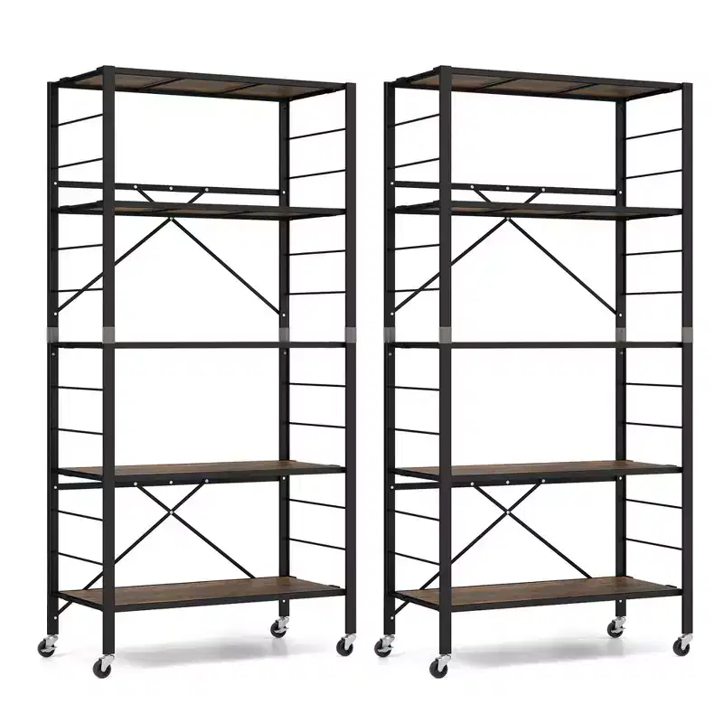 Costway 2 PCS 5-Tier Folding Shelf Free DIY Design Shelving Unit with 4 Universal Wheels Black/Natural