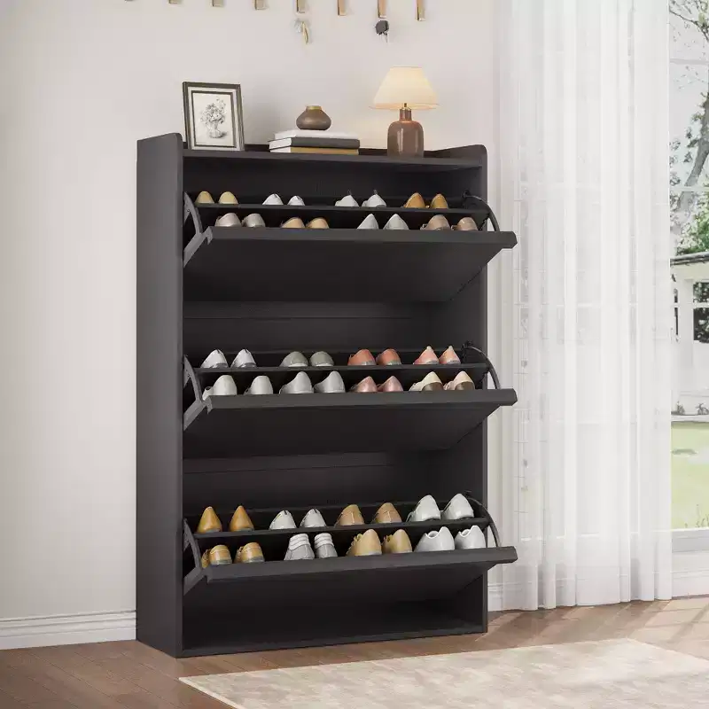 Shoe Cabinet, 3 Flip Drawers - Modern Entryway Shoe Storage Organizer, Narrow Wooden Rack with Adjustable Shelves, Space-Saving, Black