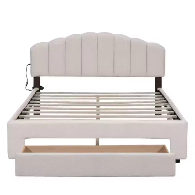 Beige Teddy Fleece Queen Size Upholstered Platform Bed Including a Drawer