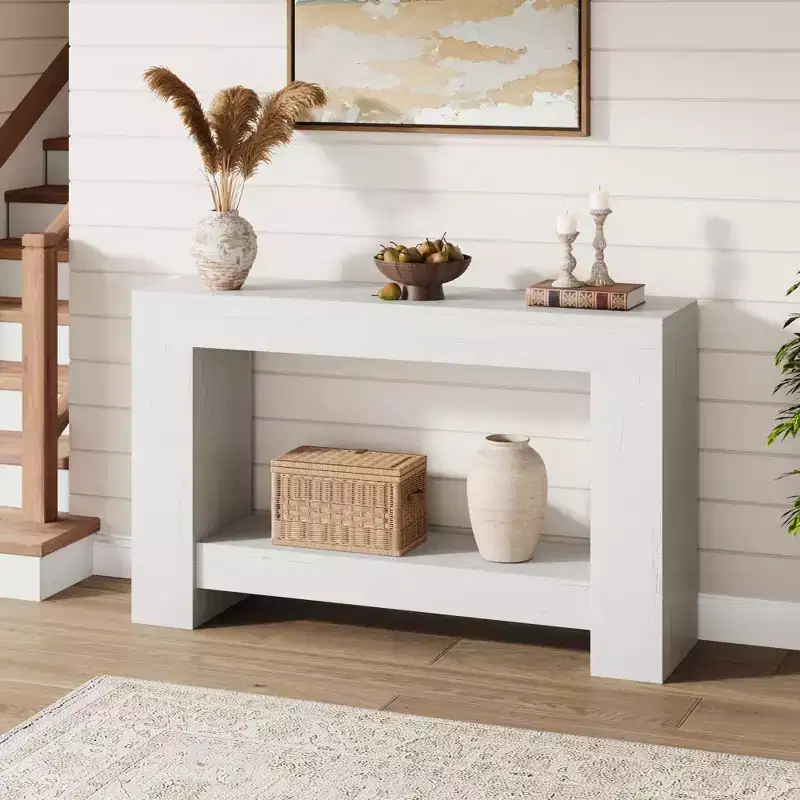 Farmhouse Console Table for Entryway  2-Tier Wood Sofa Table with Storage Shelf  Long Rectangular Hallway Table Behind Couch